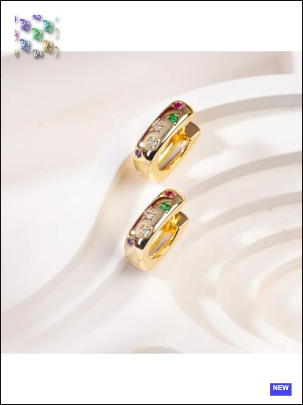 14K Gold Plated Chunky Huggie Earrings Multi-Colored Cubic Zirconia Statement